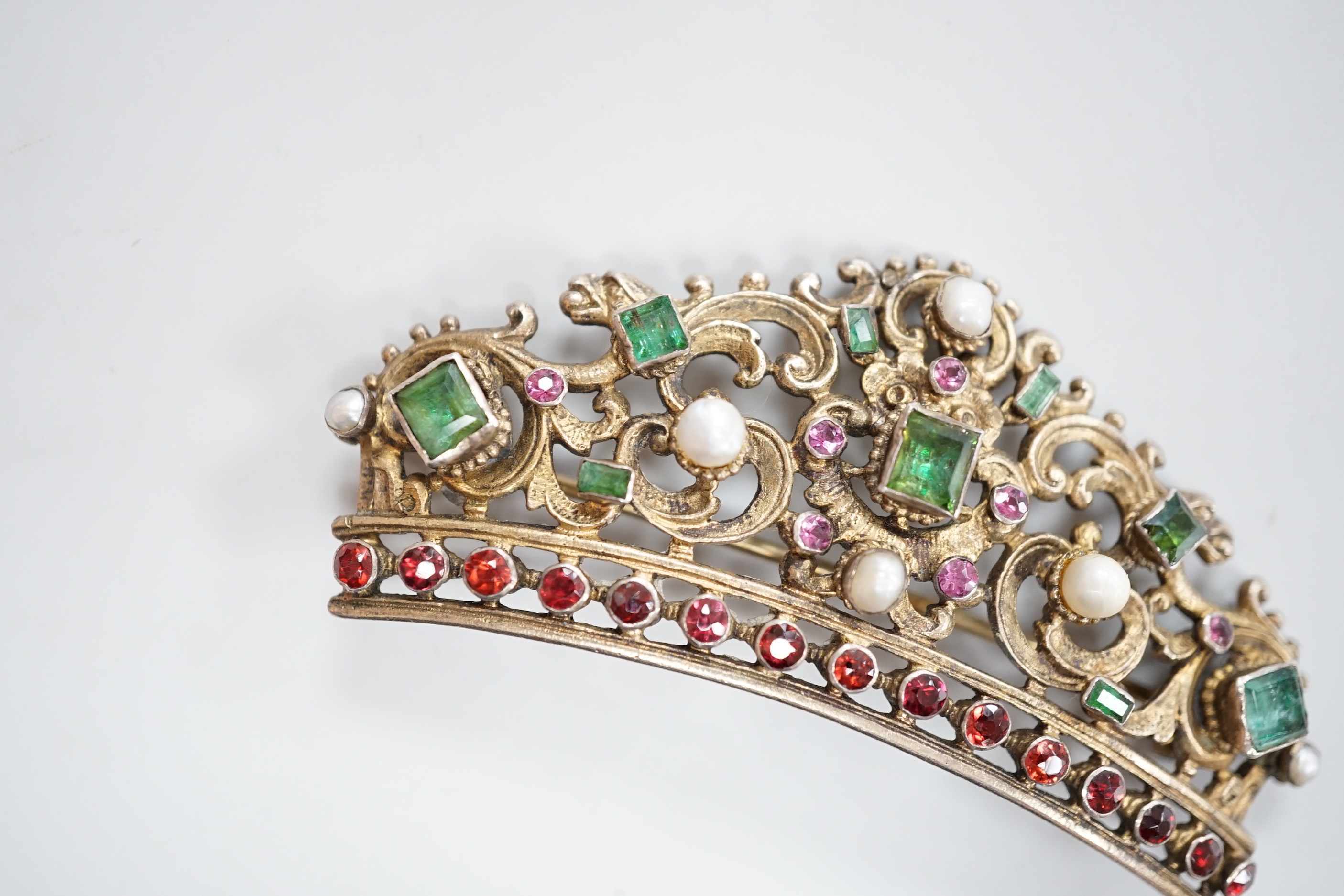 A 19ct century Austro-Hungarian? gilt white metal and gem set coronet style brooch, 75mm.